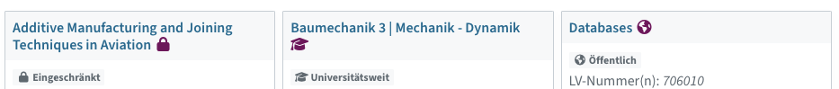 Am Dashboard zeigen Icons und Texte, welche Einstellung Ihr Kurs hat