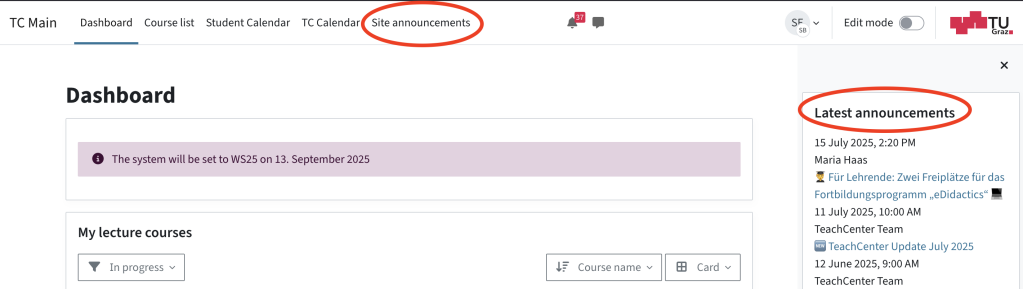 Menu site announcements, righthand drawer on dashboard is open and you can find the lastest announcements there
