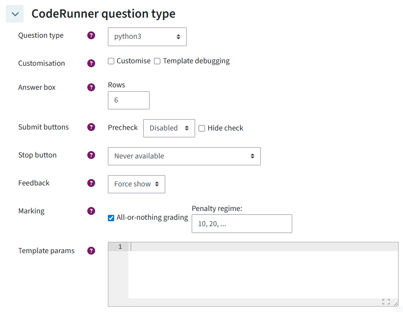 Programming language, size of answer box and feedback type is defined in the general settings
