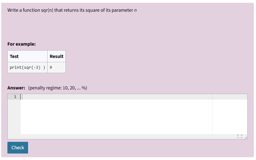 Coderunner question text, example test cases and an input field