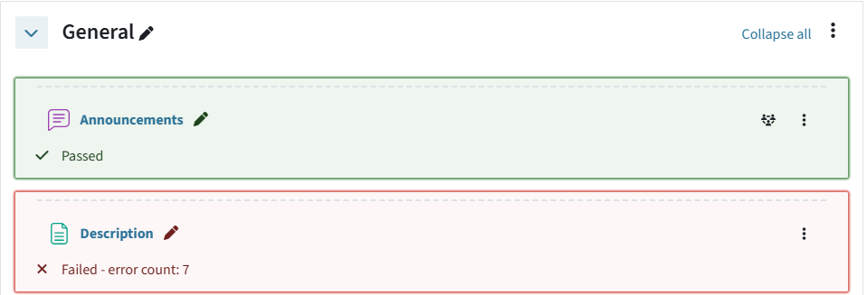 These are two examples of the toolkit's colour coding. The upper part is green and has a checkmark, the lower one is red and says "failed"