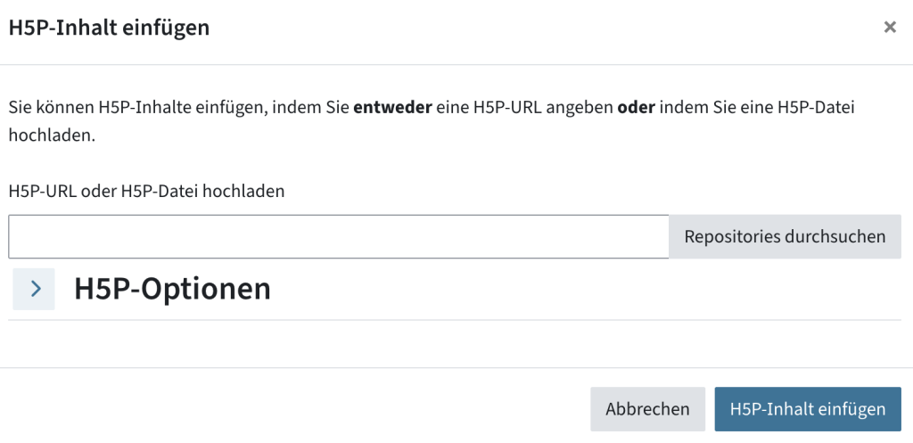 Wählen Sie ein H5P zum Einbetten, indem Sie Repositories durchsuchen klicken