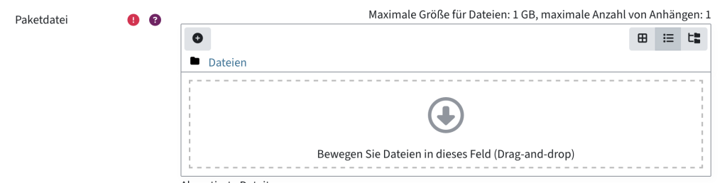 Auswahlfenster für eine Paketdatei. Verwenden Sie das Plus-Icon, um eine Datei zu wählen.
