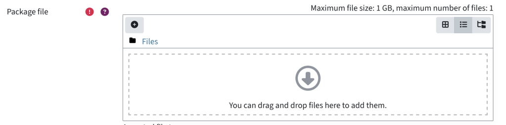 Upload or selection window for the package file. Use the plus icon to add a file.
