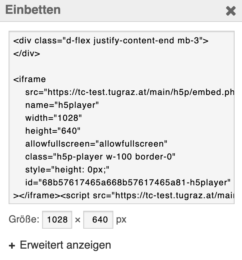 der Einbett-Code ist HTML-Code, den man kopieren kann. Unter dem Code lässt sich die Größe einstellen.