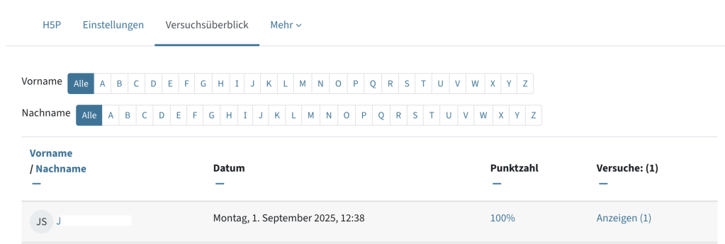 Der Reiter Versuchsüberblick ist gewählt. Es gibt eine Liste der Studierenden mit Punktzahl und einen Button anzeigen für mehr Details.