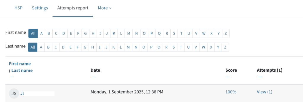 The tab attempts report is chosen. There is a list of all students and their score as well as a button view for details