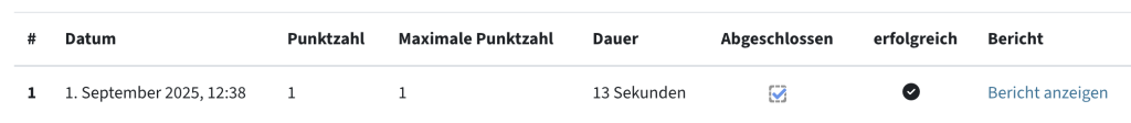 Detailansicht der Ergebnisse mit Datum, Punktzahl, Maximalpunkte, Dauer, ob abgeschlossen und bestanden