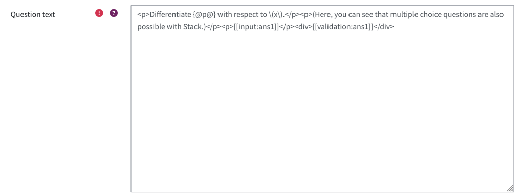 Question text with placeholders for variables in an unformatted editor