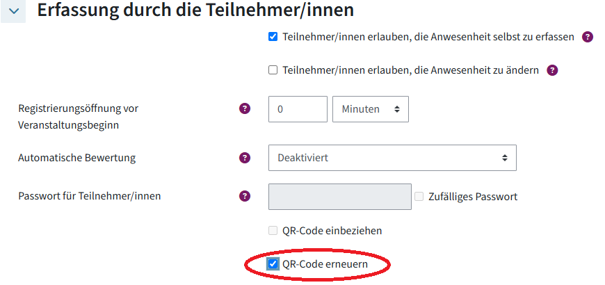 In den Einstellungen eines Termins gibt es Erfassung durch die Teilnehmer/innen. Dort sind zwei Häkchen gesetzt. Einmal bei Teilnehmer/innen erlauben, die Anwesenheit selbst zu erfassen und einmal bei QR-Code erneuen. QR-Code erneuern ist rot markiert.