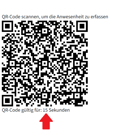Das ist ein QR-Code, oben steht, dass die Studierenden den Code scannen müssen, damit die Anwesenheit erfasst wird. Darunter steht, wie lange der QR-Code gültig ist, nämlich 15 Sekunden. Das ist mit einem Pfeil markiert.