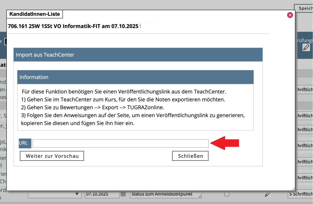 Das ist in TUGRAZonline, der Import aus dem TeachCenter. Das ist ein Popup-Fenster mit Informationen zum Import der URL.