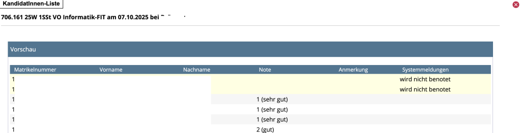 Das ist in TUGRAZonline, das ist eine Kandidat:innenliste, oben steht die LV Nummer, LV Name und Prüfer:in, darunter ist eine Liste.