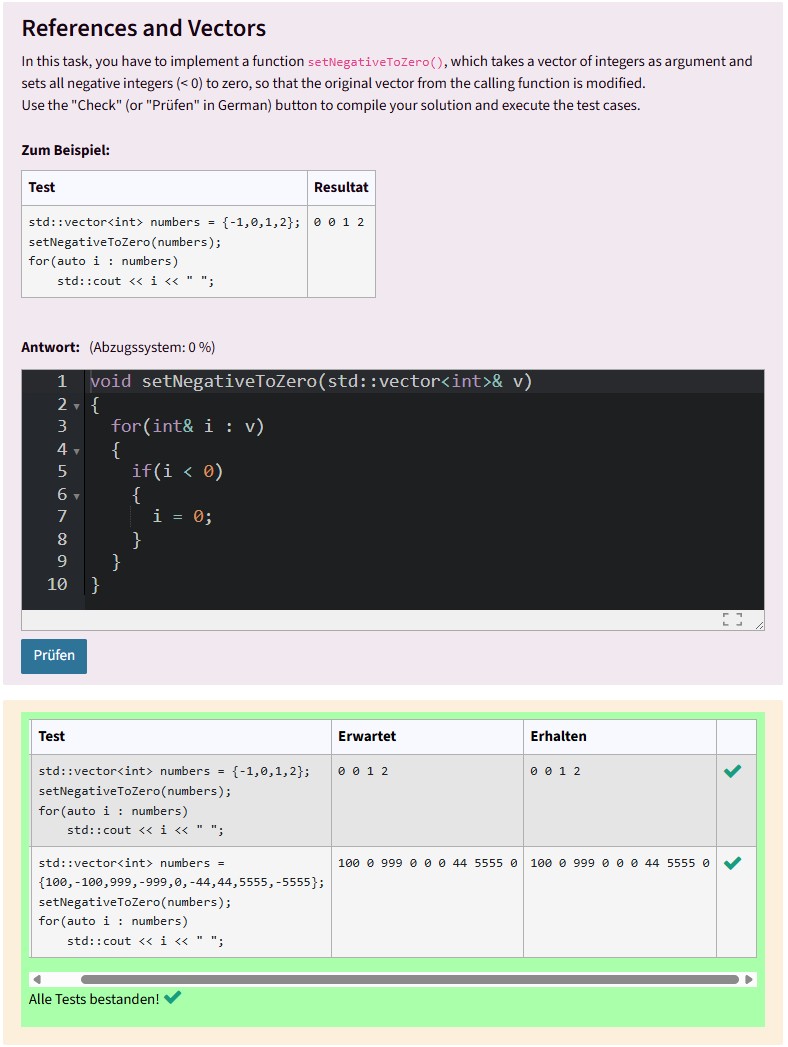 Screenshot from Coderunner: At the top, there is a task, then there is an input field for students and finally, the test cases are displayed and whether they have been passed