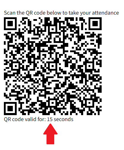 This is a QR code. At the top, it says that students must scan the code so that their attendance can be recorded. At the bottom, it says how long the QR code is valid for, namely 15 seconds. This is marked with an arrow.