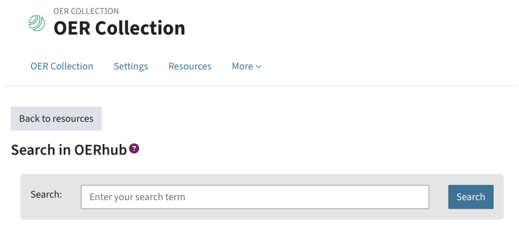 There is a search bar and a button to go back to resources