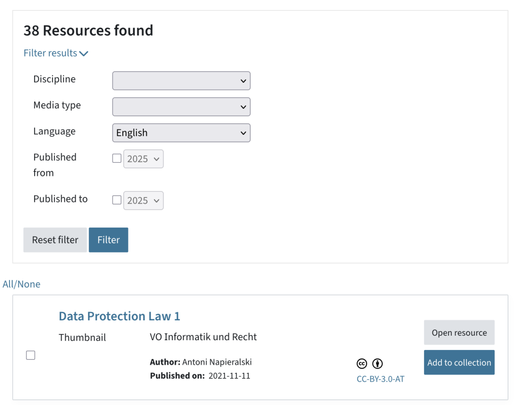 There is a filter to filter for discipline, media type, language or date. Below, there is a list of resources with buttons Open resource and Add to collection for each one.