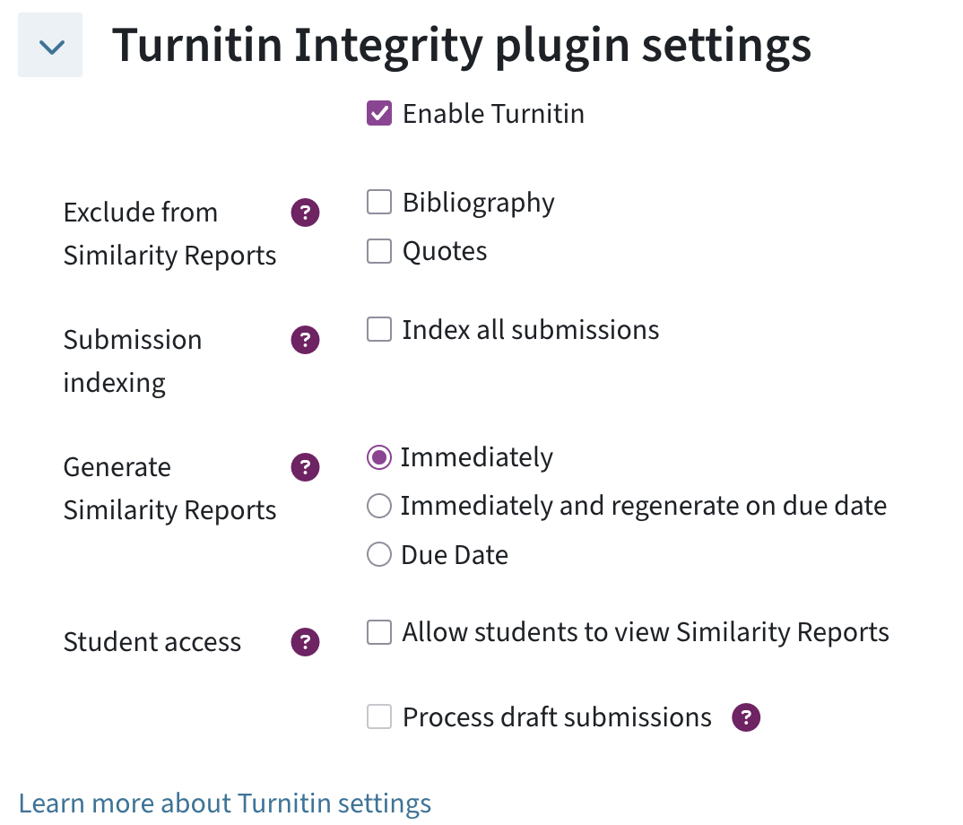 Turnitin Integrity Plugin settings for activating Similarity Check for a normal assignment activity