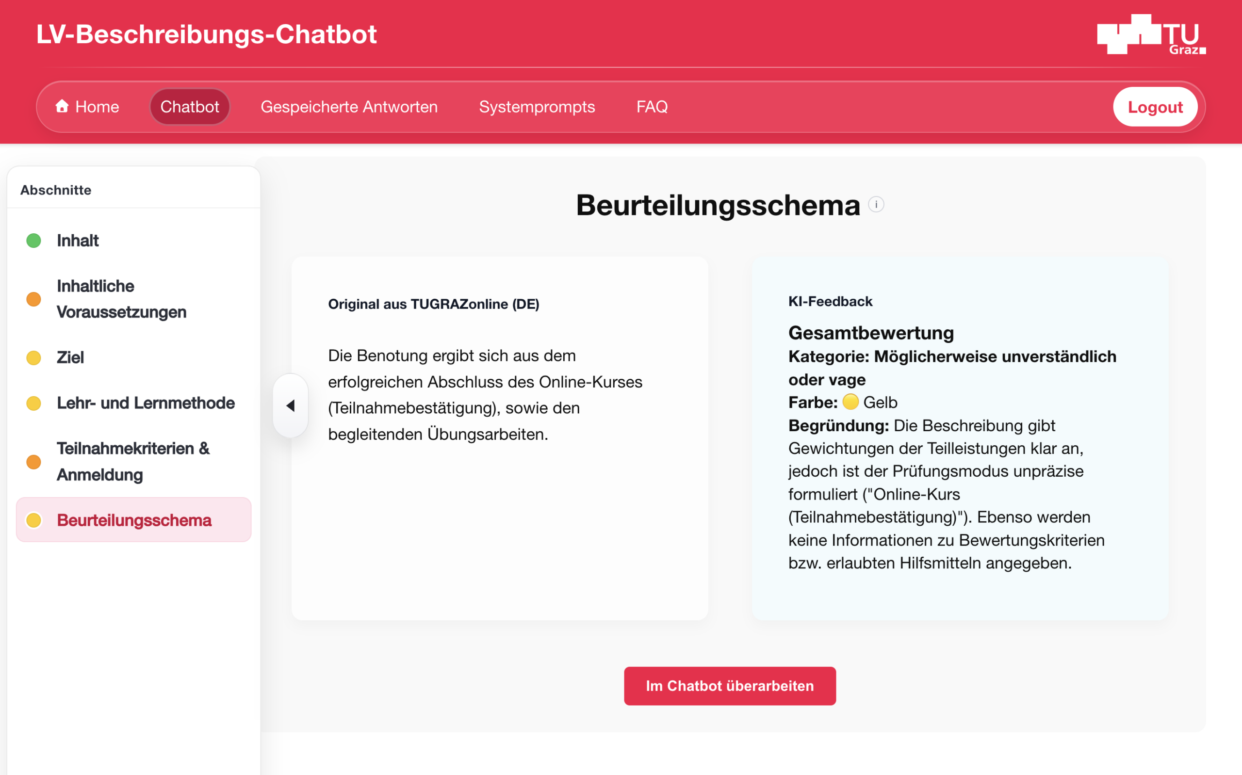 LV-Beschreibungs-Chatbot: geöffnet ist eine Beschreibung in der linken Spalte. In der rechten Spalte gibt es Feedback mit einer Ampel dazu. Links befindet sich ein Menü, das ebenfalls die Ampelfarben zeigt.