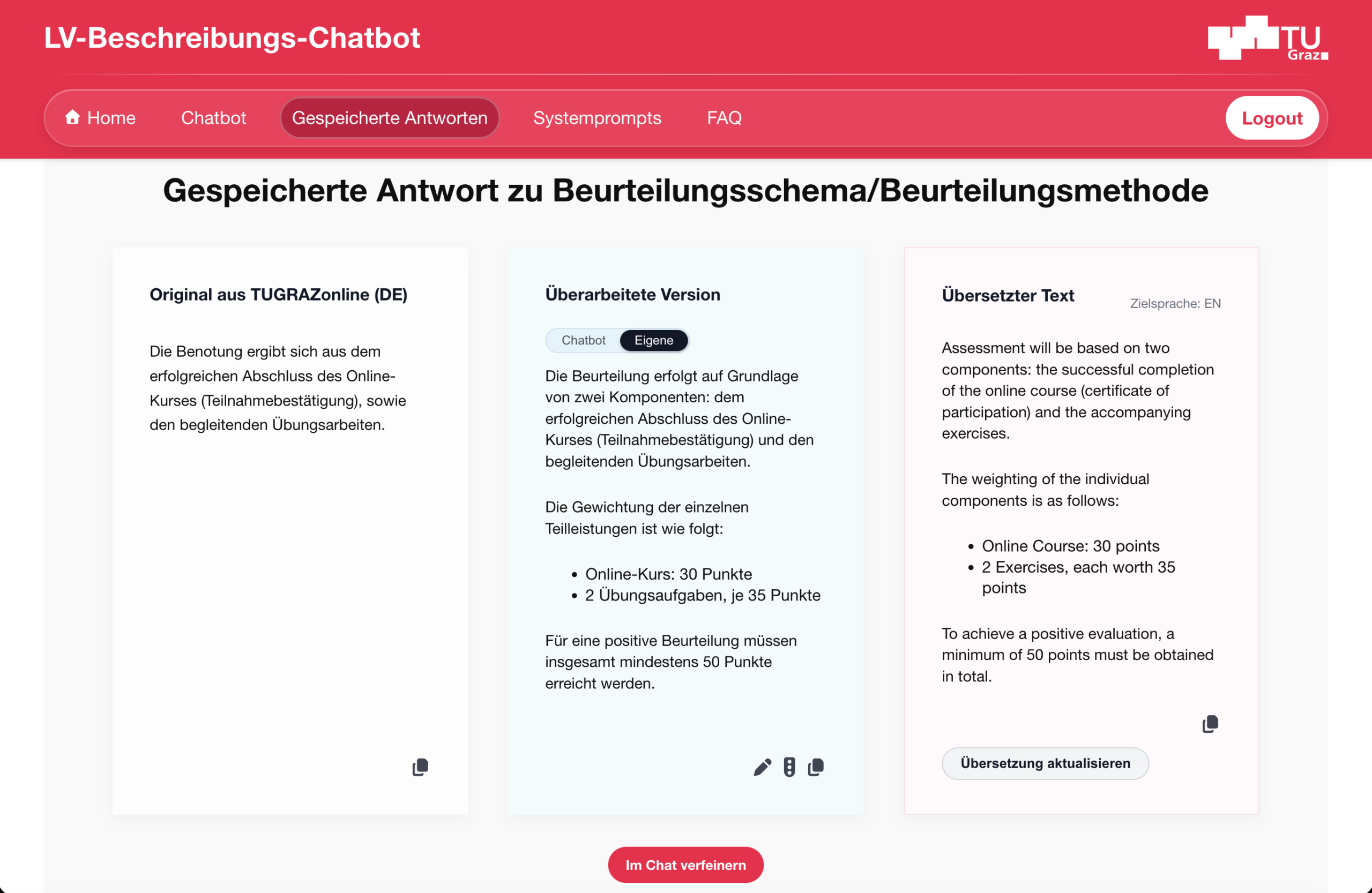 Gespeicherte Antworten in drei Spalten: Spalte 1 zeigt den originalen Text, Spalte 2 zeigt den Text aus dem Chatbot, Spalte 3 die Übersetzung