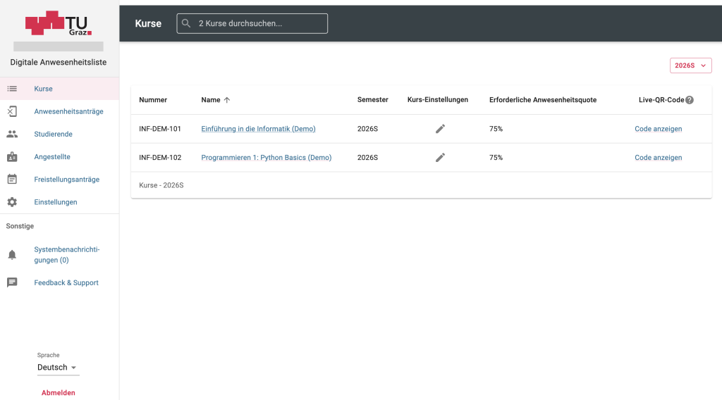 LInks ist ein Menü: Kurse, Anwesenheitsanträge, Studierende, Angestellte, Einstellungen, Systembenachrichtigungen und Feedback. Der Bereich Kurse ist ausgewählt und man sieht eine Liste der eigenen Kurse.