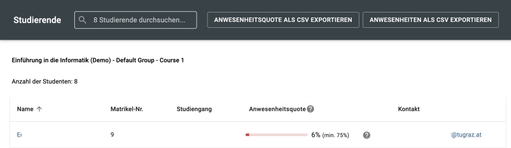 In der Liste der Studierenden werden ihre Matrikelnummern, Namen, Anwesenheitsquoten und E-Mail-Adressen angezeigt.