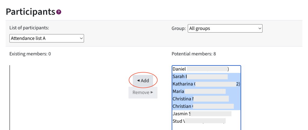 the section Participants is displayed. List of participants shows Attendance list A has been selected. Below, there are existing members to the left and potential memebers to the right. Between there is the Add button highlighted,