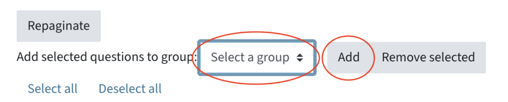 this shows how to add questions to a certan exam group. the dropdown menu where you can select a group and alos the add button are highlighted.
