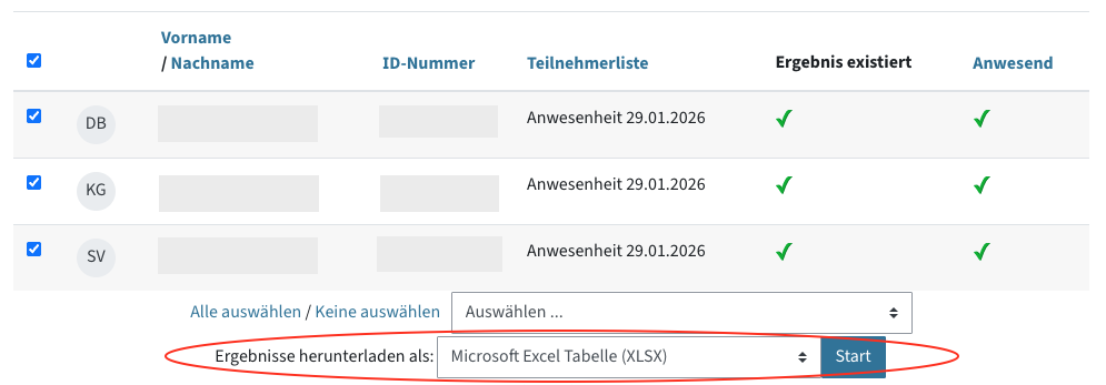 Tabelle mit Studierendendaten und Anwesenheiten, darunter die Option "Ergebnisse herunterladen als"