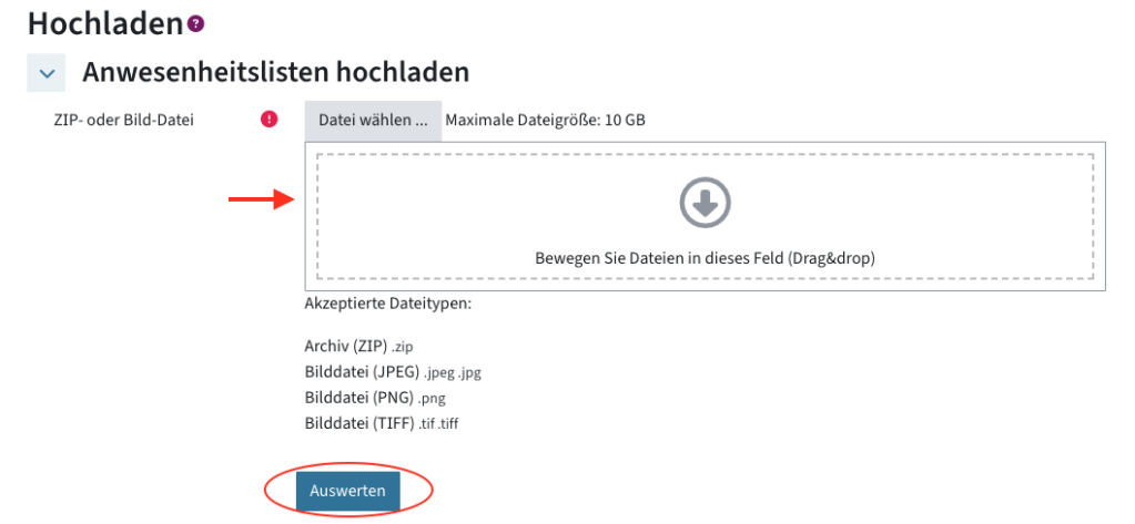 Drag-and-Drop-Bereich zum Hochladen einer Datei, darunter der Button "Auswerten"