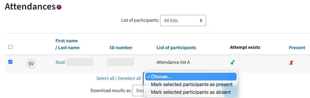 this shows all attendances that were recorded. the teacher can choose to mark a selected student as present or absent
