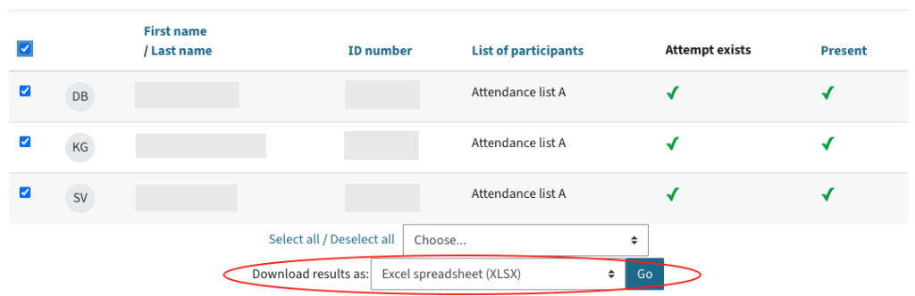 this is the table of recorded attendances. below the table, there is the dropdown menu to select all or deselect all and below, there is the dropdown menu Download results as and Excel spreadsheet has been selected. to the right, there is a button called Go. The entire Download results as section is highlighted.
