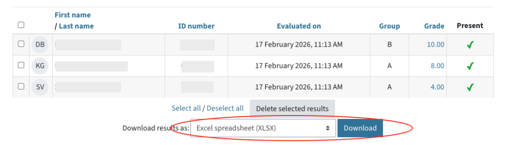 this is a table with all students that took part in the offline quiz, at the bottom of the table there is a box that says download result as and in the dropdown menu, excel spreadsheet has been selected. next to the dropdown menu, there is a Download button. This is highlighted.
