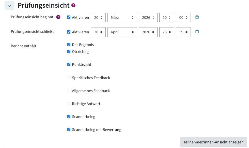 Einstellungen zu Beginn und Ende der Prüfungseinsicht sowie die Optionen für den Bericht