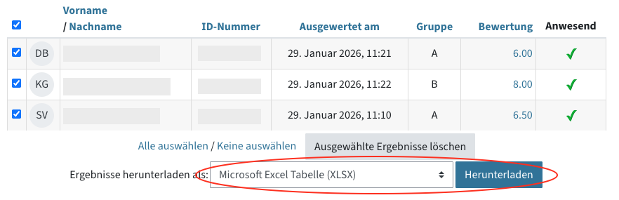 Tabelle mit den Testergebnissen, darunter die Option "Ergebnisse herunterladen als"