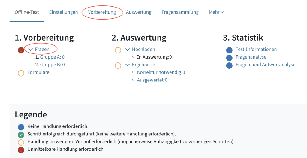 Screenshot der Übersicht der Fragen, die Option "Fragen" und der Reiter "Vorbereitung" sind markiert