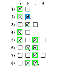 this is the answer form with ticked boxes. the correct boxes have green borders, there is one inaccurate marking with blue borders