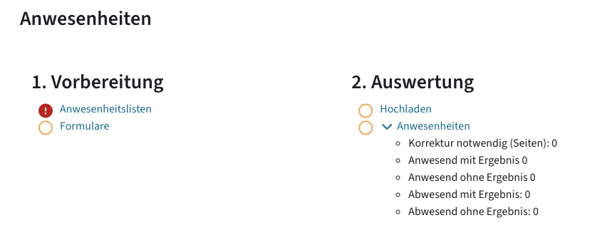 Screenshot der Schritte (Vorbereitung und Auswertung) und der zugehörigen Handlungen