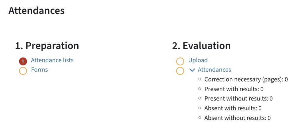 this is the attendance section in the overview of the Offline Quiz, 1. Preparation and 2. Evaluation are displayed