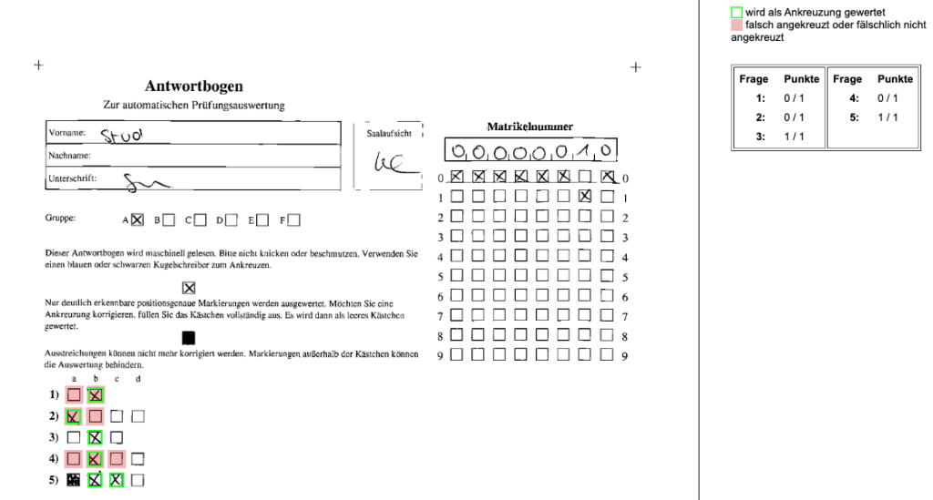 this is an answer form that has been filled in by a student an which has been automatically evaluated. It shows which boxes should have been marked and which wer marked.
