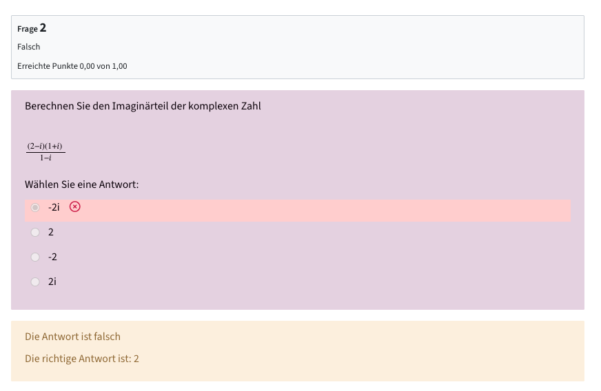 Beispiel eines Testversuchs mit den erreichten Punkten, Frage, Antworten, und Markierung, ob Antwort richtig oder falsch ist