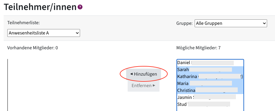 Spalte mit markierten Personen, daneben der "Hinzufügen"-Button