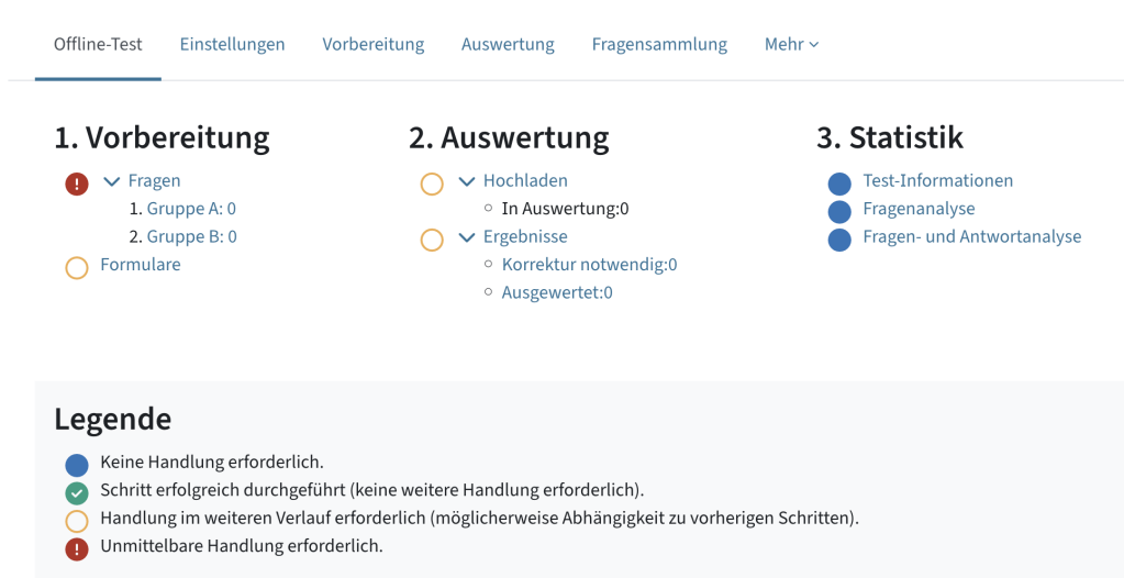 Screenshot der Schritte Vorbereitung, Auswertung und Statistiken mit den zugehörigen Handlungen