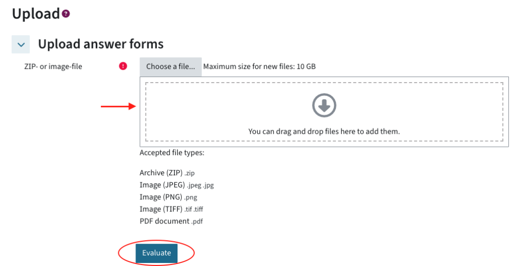 this is the Upload answer form section where teacher use either choose a file or the drag and drop section to upload the answer form. The evaluate button is highlighted.