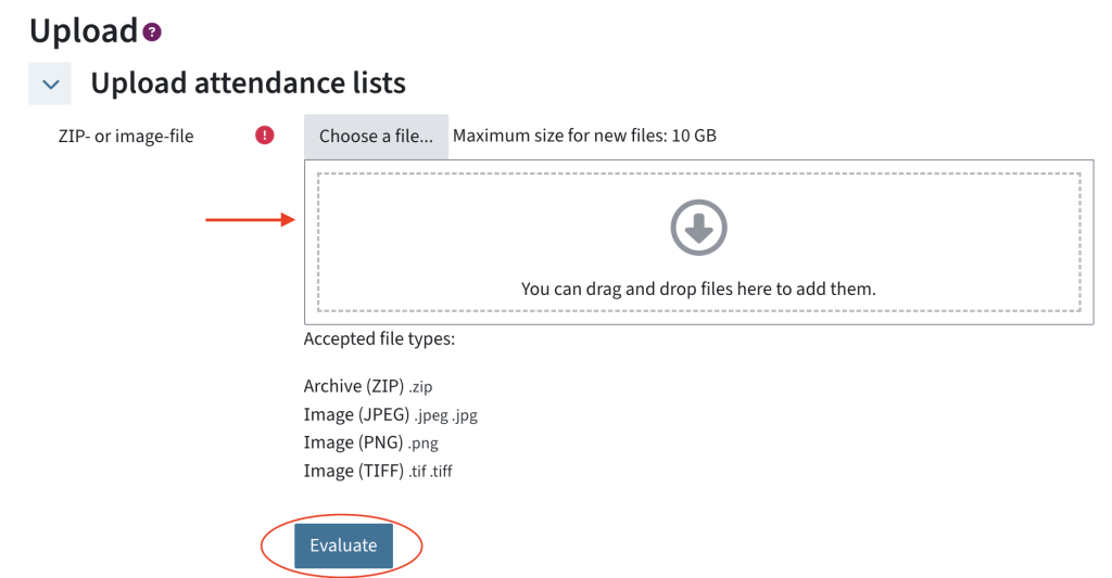 this is the Upload attendance list section where teachers use either choose a file or the drag and drop section to upload the answer form. The evaluate button is highlighted.