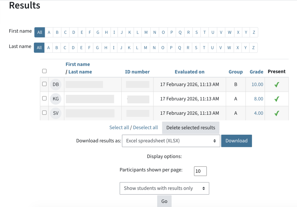 this is the table of results. Teachers can see their students' names, ID numbers, when the quiz was evaluation, which group they belong, which grade they received and if they were present.