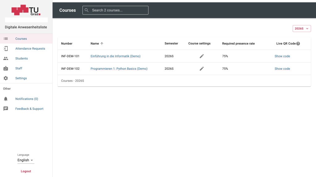 On the left, there is a menu with the items Courses, Attendance requests, students, staff, settings, notifications and feedback. In the main content, there is a table with the course number, name, semester, course settings, required presence rate and Live QR Code