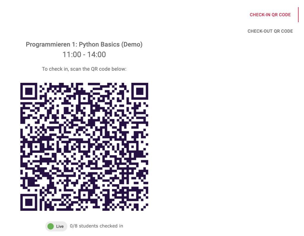 A large QR code. Below the code, there is information how many students have checked in. On the right, you can switch between check-in and check-out