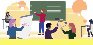 Ilustration von Studierenden, die aktiv arbeiten: sie zeichnen, kommunizieren, lesen