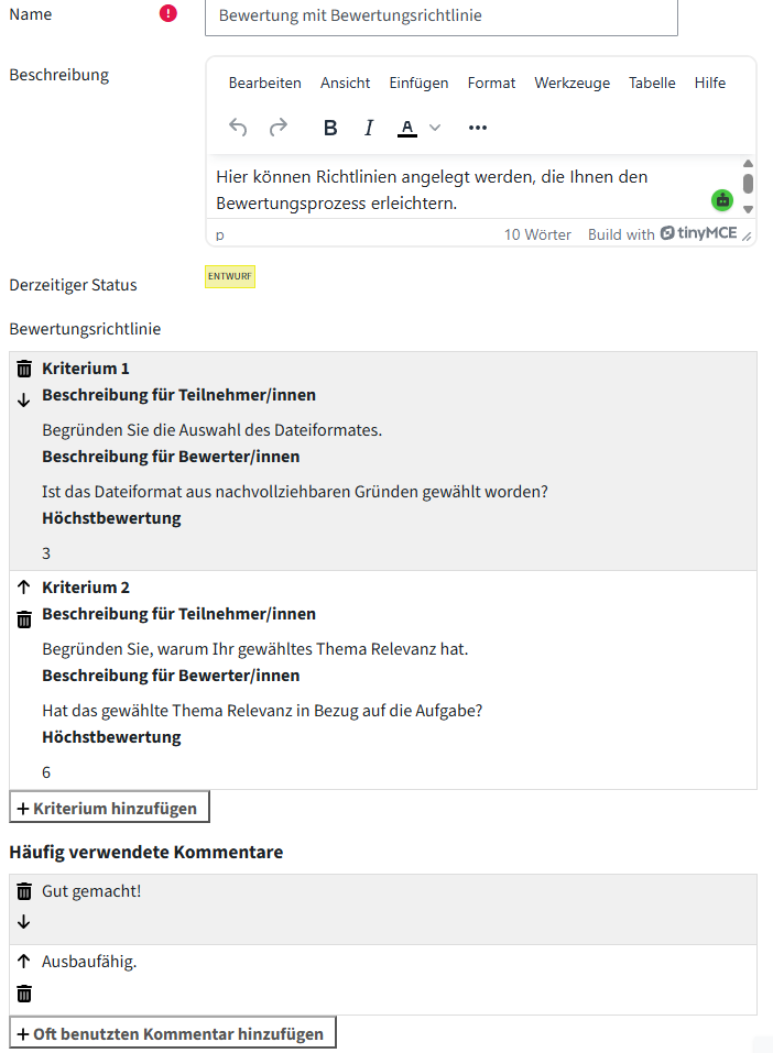 Gezeigt werden untereinander manuell erstellte Kriterien und Kommentare im Prozess des Anlegens einer Bewertungsrichtlinie.